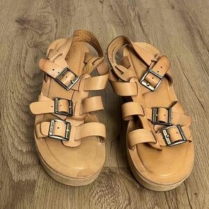 Kork-Ease Tan Madalena Platform Wedge Sandals Buckled‎ Strappy Leather Size 8